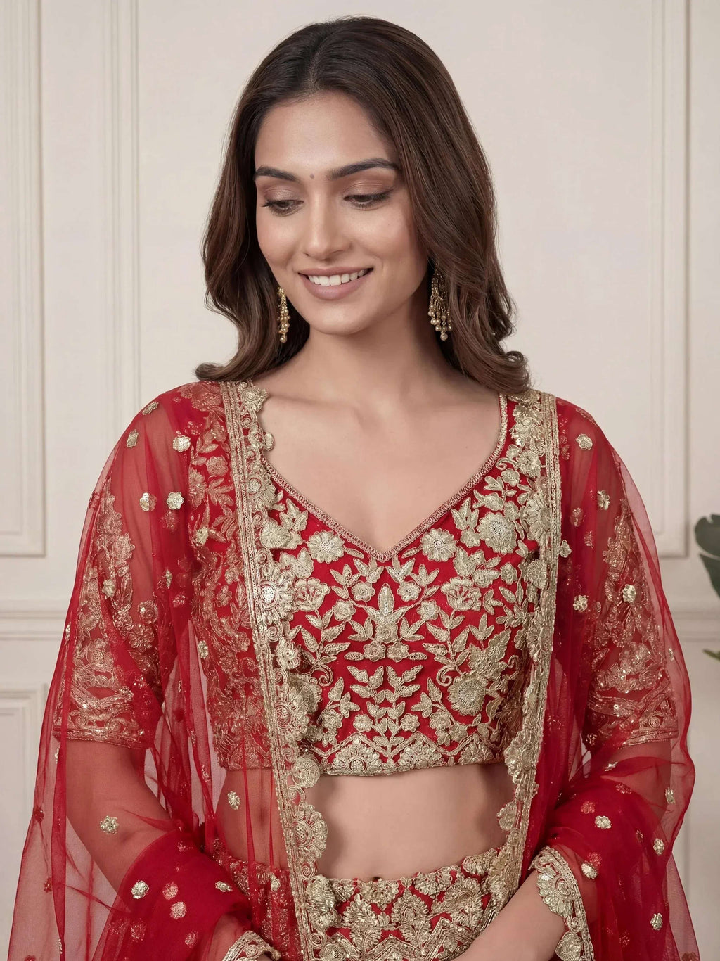 Tulsi Art Outstanding Red Zari Embroidered Net Wedding Wear Lehenga Choli | Grocsy