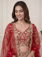 Tulsi Art Outstanding Red Zari Embroidered Net Wedding Wear Lehenga Choli | Grocsy