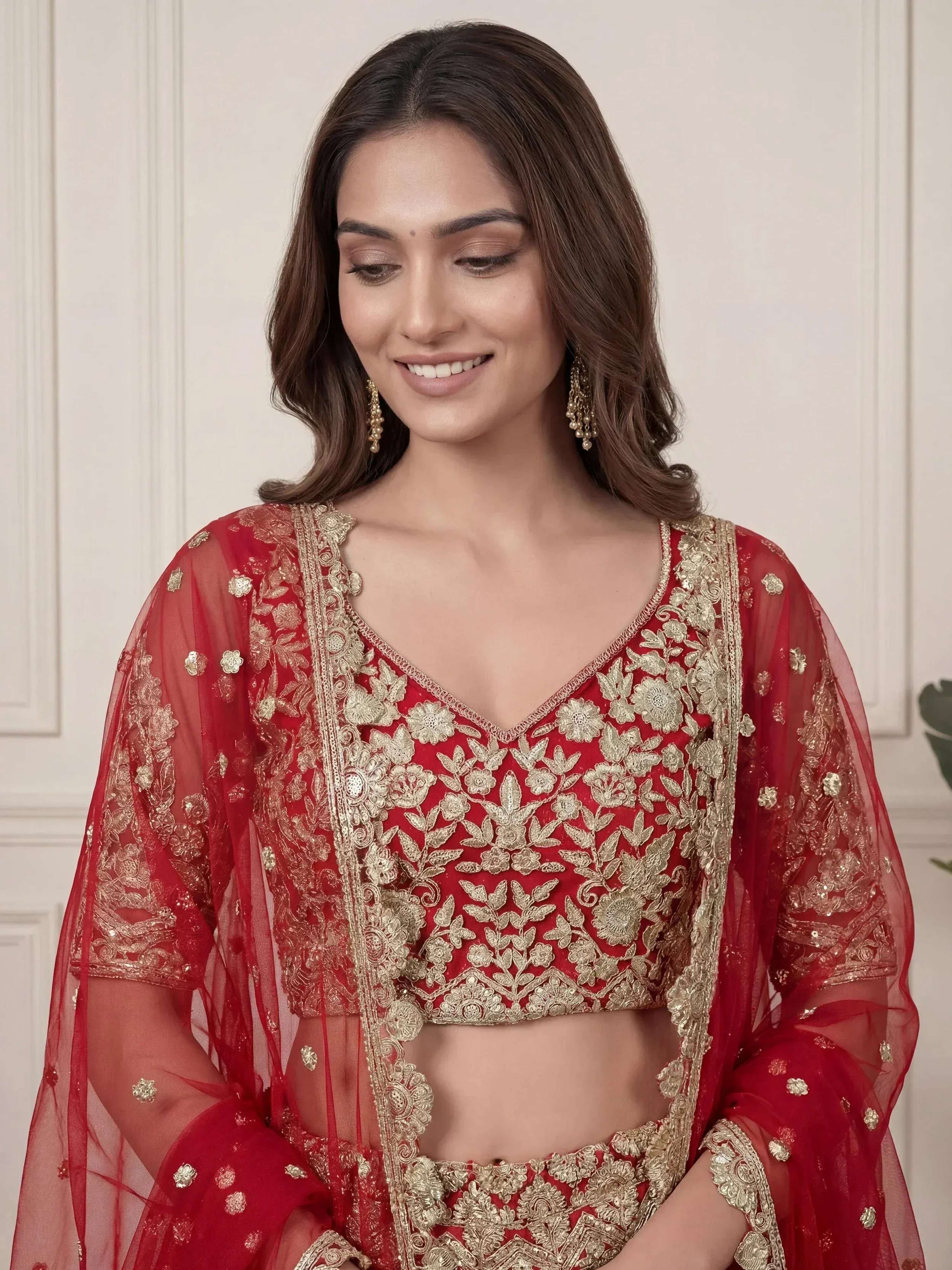 Tulsi Art Outstanding Red Zari Embroidered Net Wedding Wear Lehenga Choli | Grocsy