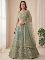 Tulsi Art Dazzling Green Embroidered Soft Net Function Wear Lehenga Choli | Grocsy