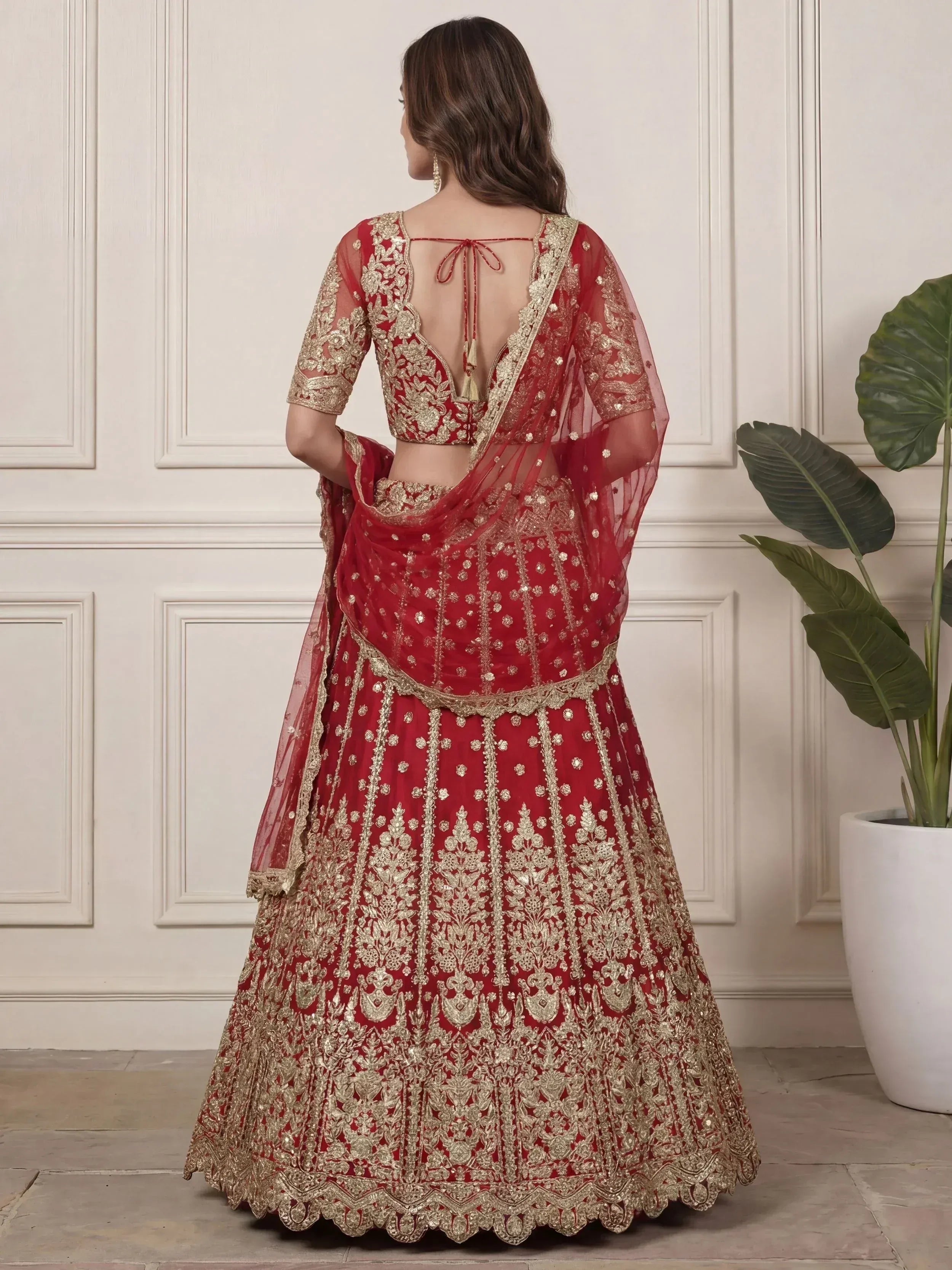 Tulsi Art Outstanding Red Zari Embroidered Net Wedding Wear Lehenga Choli | Grocsy