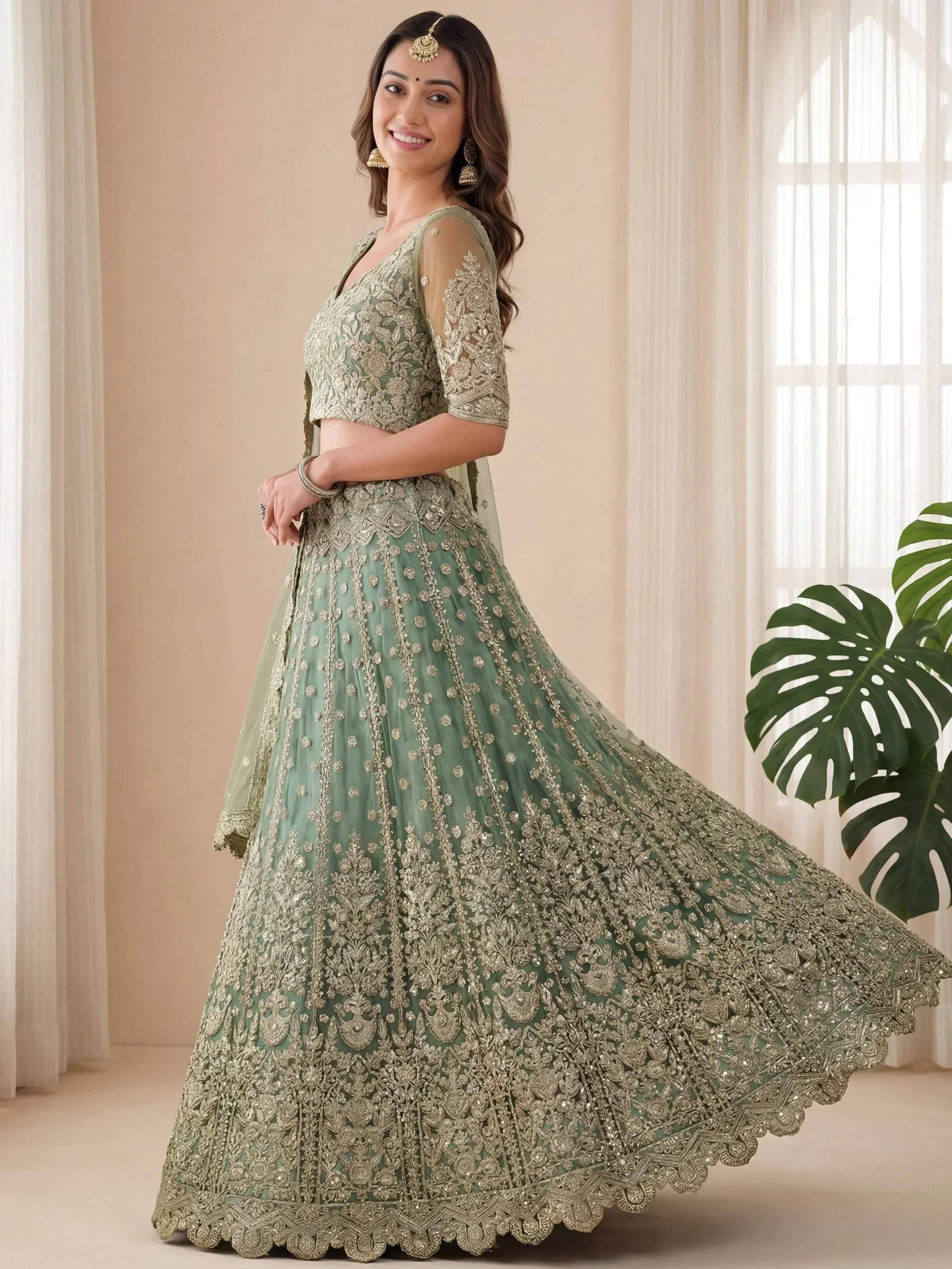 Tulsi Art Dazzling Green Embroidered Soft Net Function Wear Lehenga Choli | Grocsy
