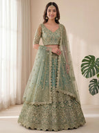 Tulsi Art Dazzling Green Embroidered Soft Net Function Wear Lehenga Choli | Grocsy