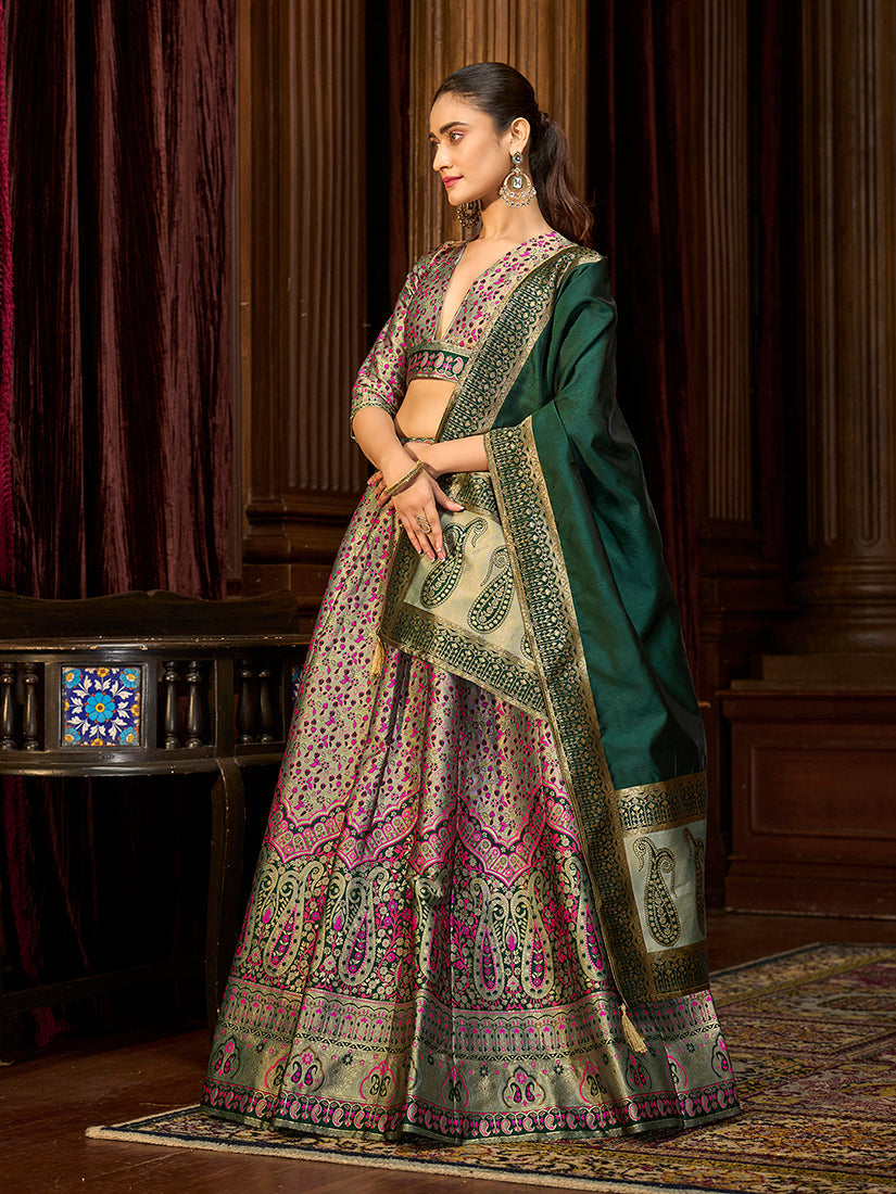 Monjolika Fashion Sea Green Trendy Kanjivaram Jacquard Woven Work Lehenga Choli | Grocsy