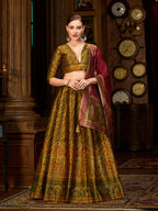 Monjolika Fashion Olive Green Trendy Kanjivaram Jacquard Woven Work Lehenga Choli | Grocsy