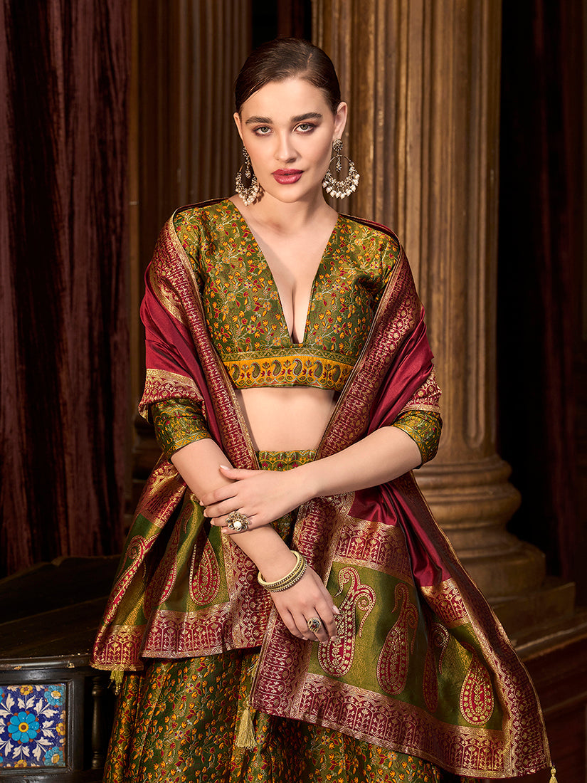 Monjolika Fashion Olive Green Trendy Kanjivaram Jacquard Woven Work Lehenga Choli | Grocsy