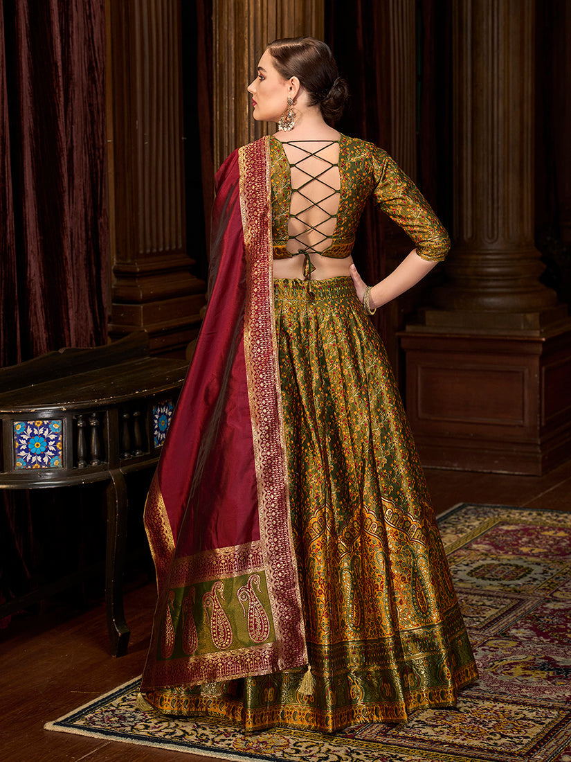Monjolika Fashion Olive Green Trendy Kanjivaram Jacquard Woven Work Lehenga Choli | Grocsy