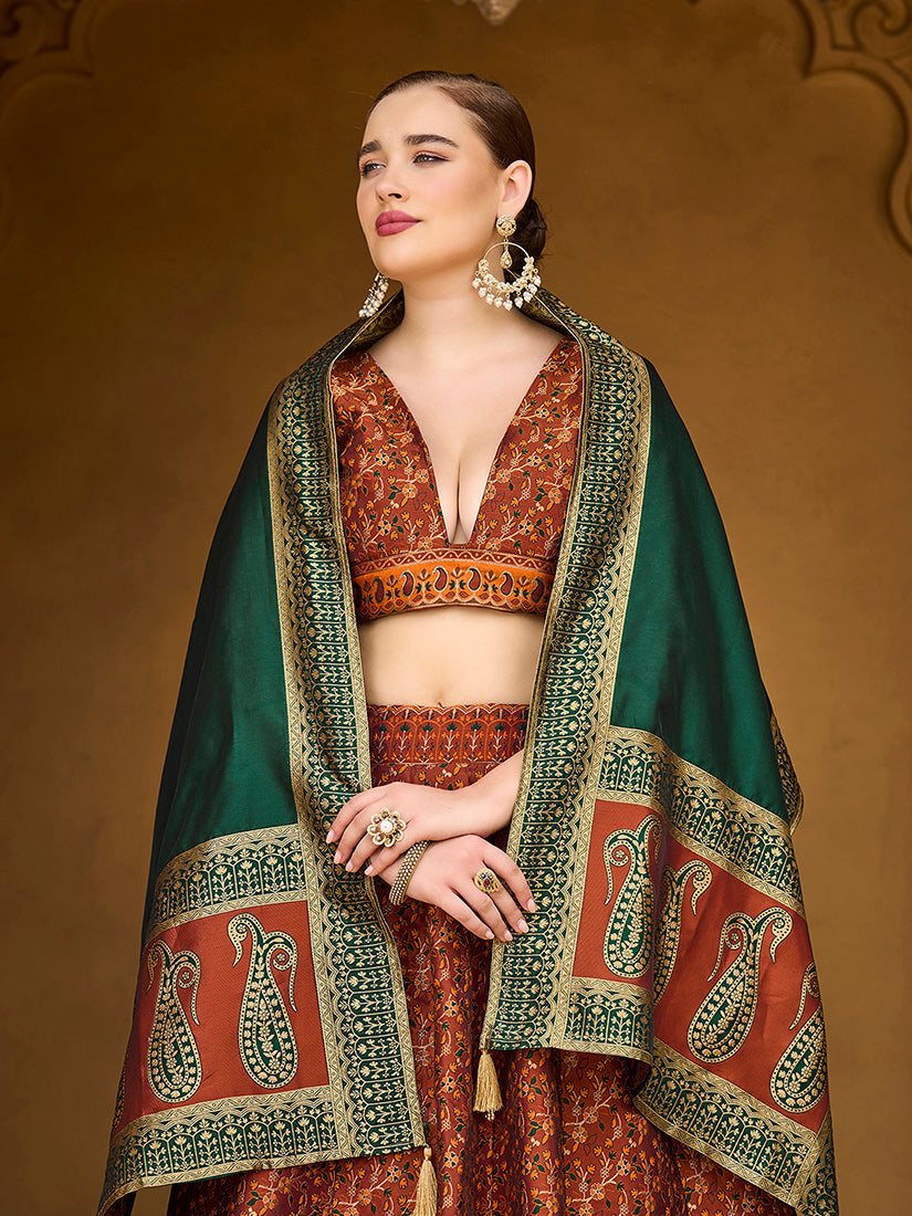 Monjolika Fashion Rust Orange Trendy Kanjivaram Jacquard Woven Work Lehenga Choli | Grocsy
