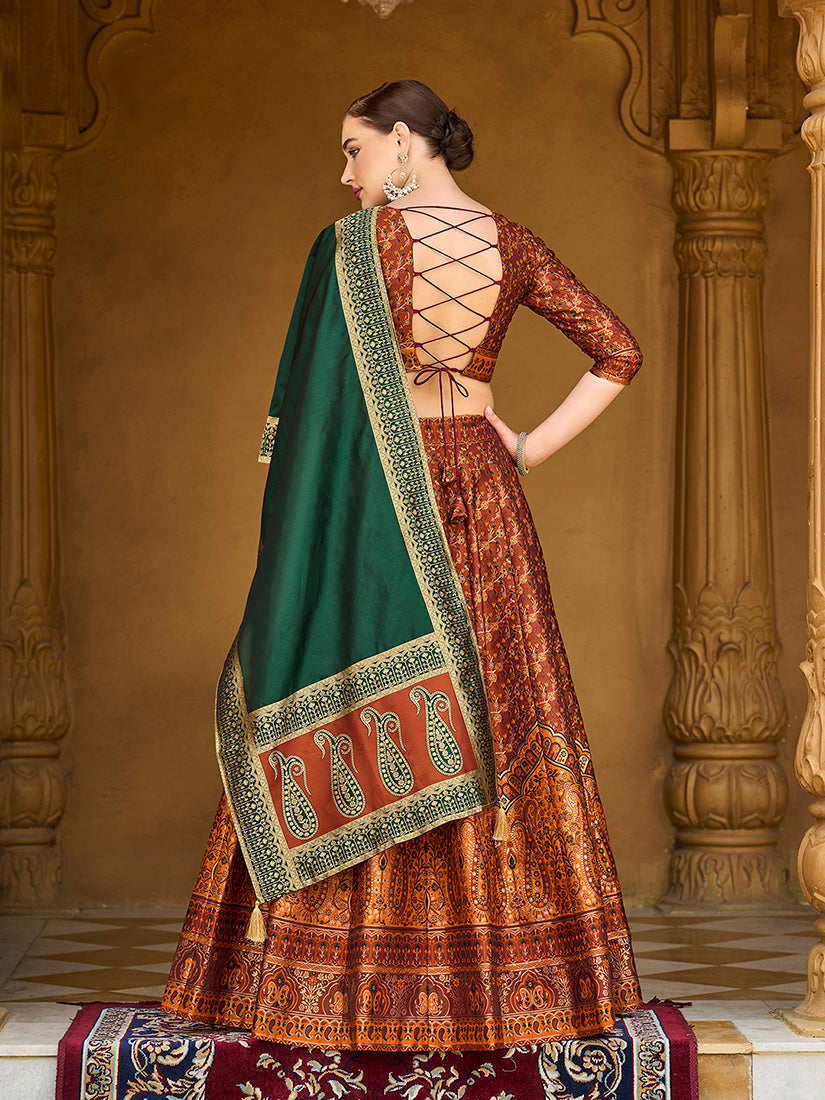 Monjolika Fashion Rust Orange Trendy Kanjivaram Jacquard Woven Work Lehenga Choli | Grocsy