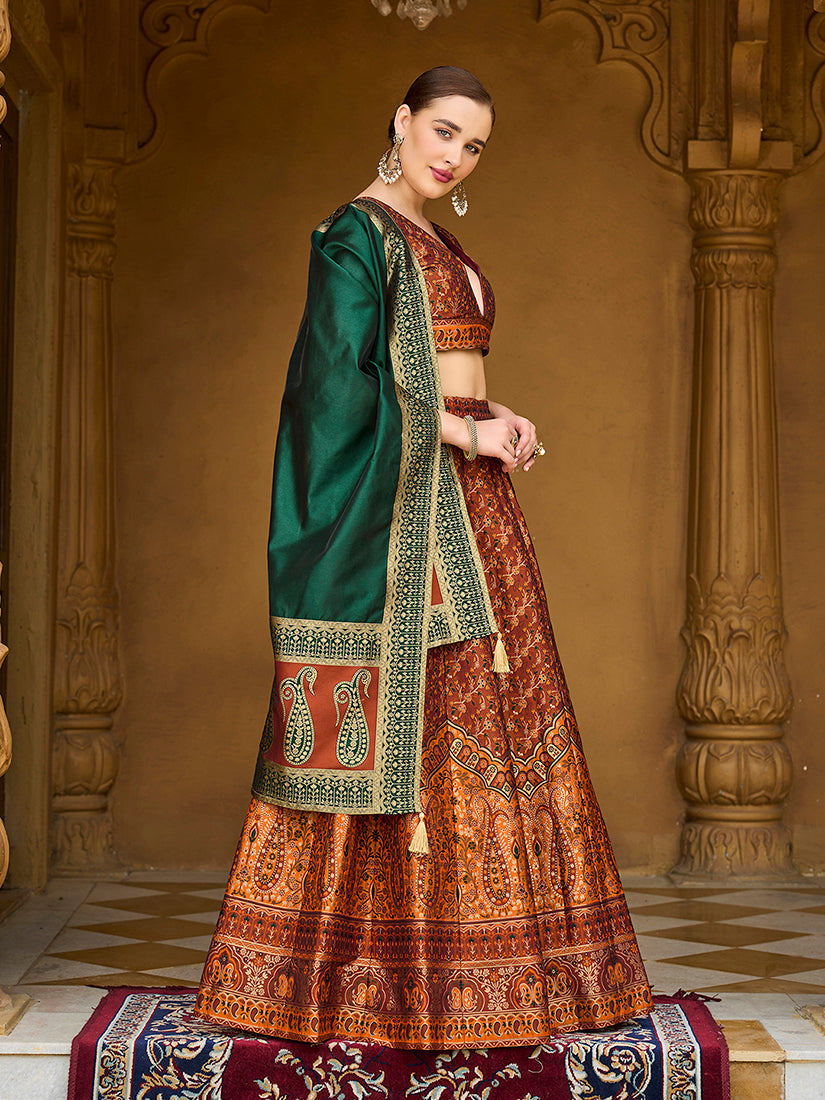 Monjolika Fashion Rust Orange Trendy Kanjivaram Jacquard Woven Work Lehenga Choli | Grocsy