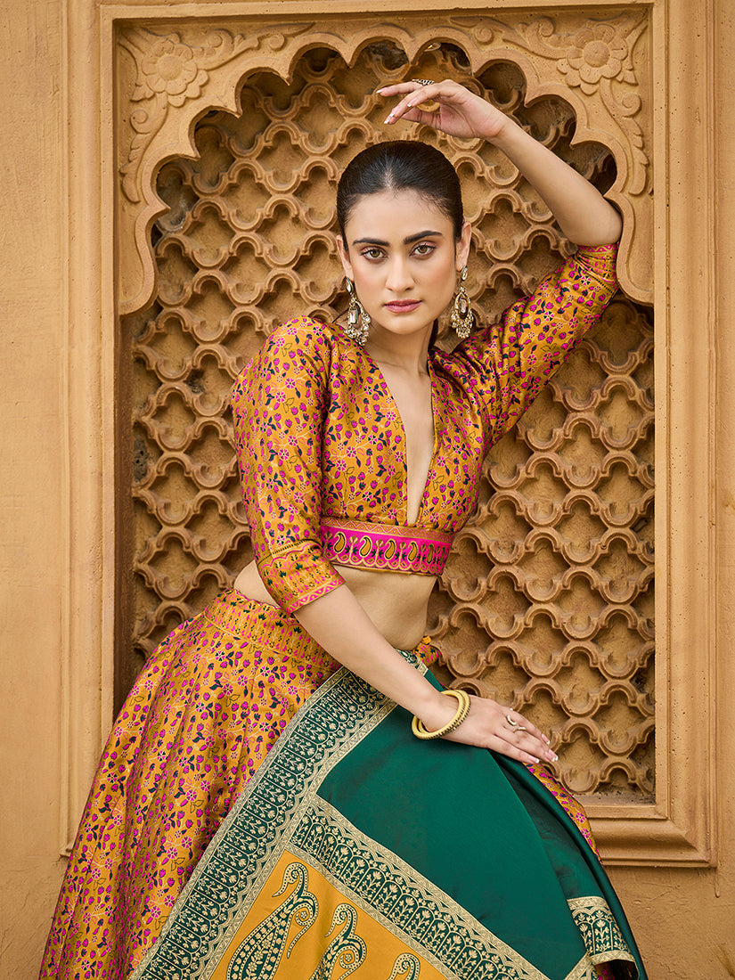 Monjolika Fashion Yellow Trendy Kanjivaram Jacquard Woven Work Lehenga Choli | Grocsy