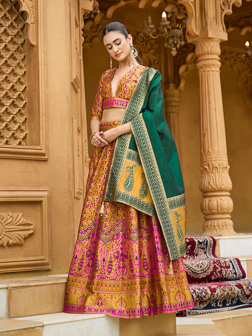 Monjolika Fashion Yellow Trendy Kanjivaram Jacquard Woven Work Lehenga Choli | Grocsy