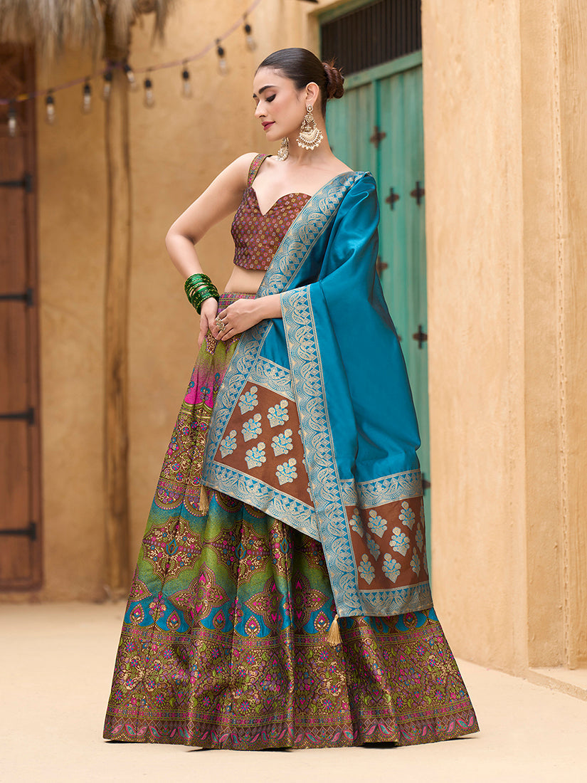 Monjolika Fashion Designer Lehenga Choli Jacquard Kanjivaram Silk In Brown | Grocsy
