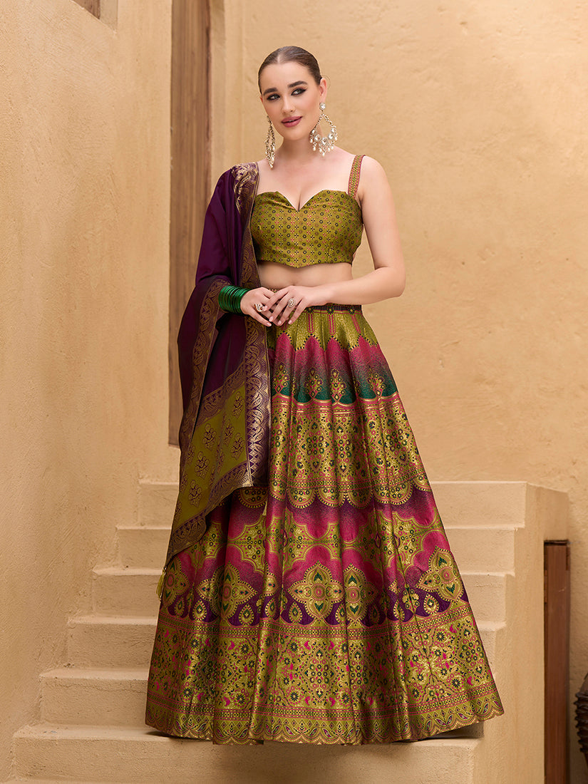 Monjolika Fashion Designer Lehenga Choli Jacquard Kanjivaram Silk In Mehendi Green | Grocsy