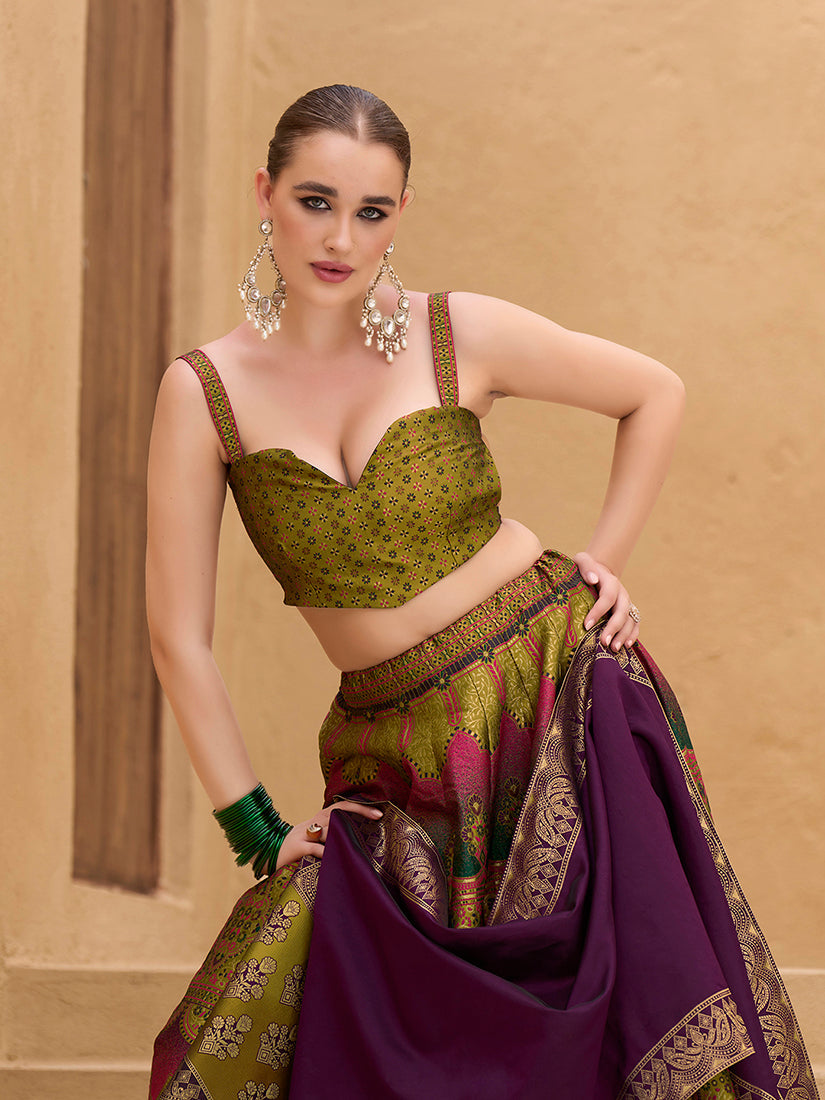 Monjolika Fashion Designer Lehenga Choli Jacquard Kanjivaram Silk In Mehendi Green | Grocsy