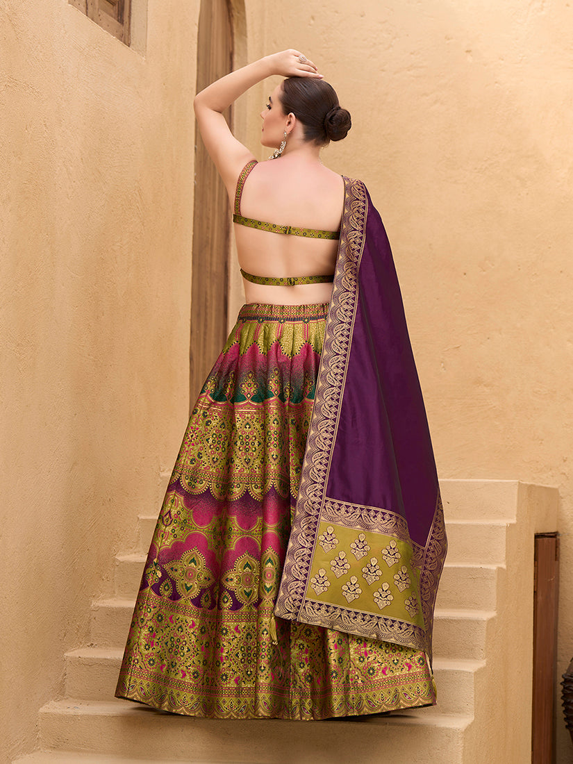 Monjolika Fashion Designer Lehenga Choli Jacquard Kanjivaram Silk In Mehendi Green | Grocsy