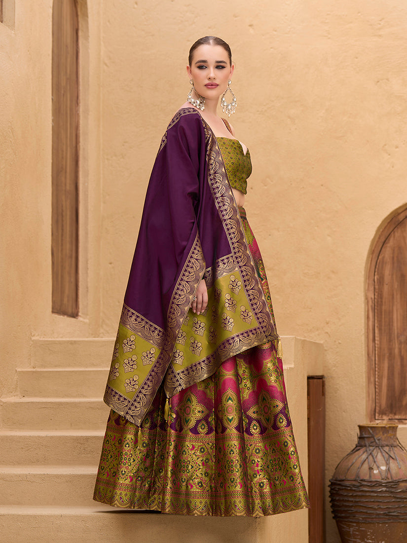 Monjolika Fashion Designer Lehenga Choli Jacquard Kanjivaram Silk In Mehendi Green | Grocsy