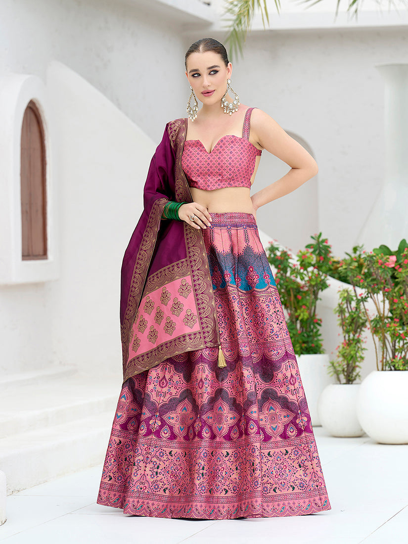 Monjolika Fashion Designer Lehenga Choli Jacquard Kanjivaram Silk In Pink | Grocsy