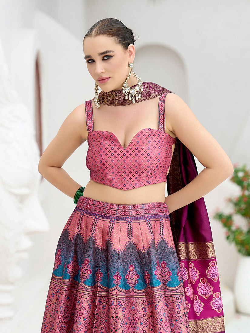 Monjolika Fashion Designer Lehenga Choli Jacquard Kanjivaram Silk In Pink | Grocsy