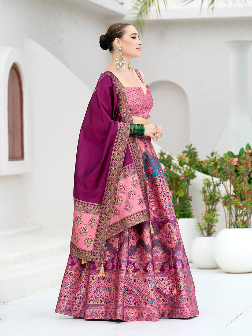 Monjolika Fashion Designer Lehenga Choli Jacquard Kanjivaram Silk In Pink | Grocsy