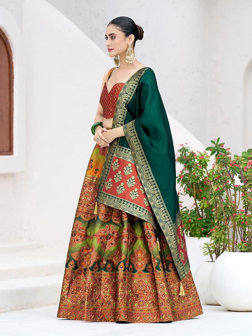 Monjolika Fashion Designer Lehenga Choli Jacquard Kanjivaram Silk In Rust | Grocsy