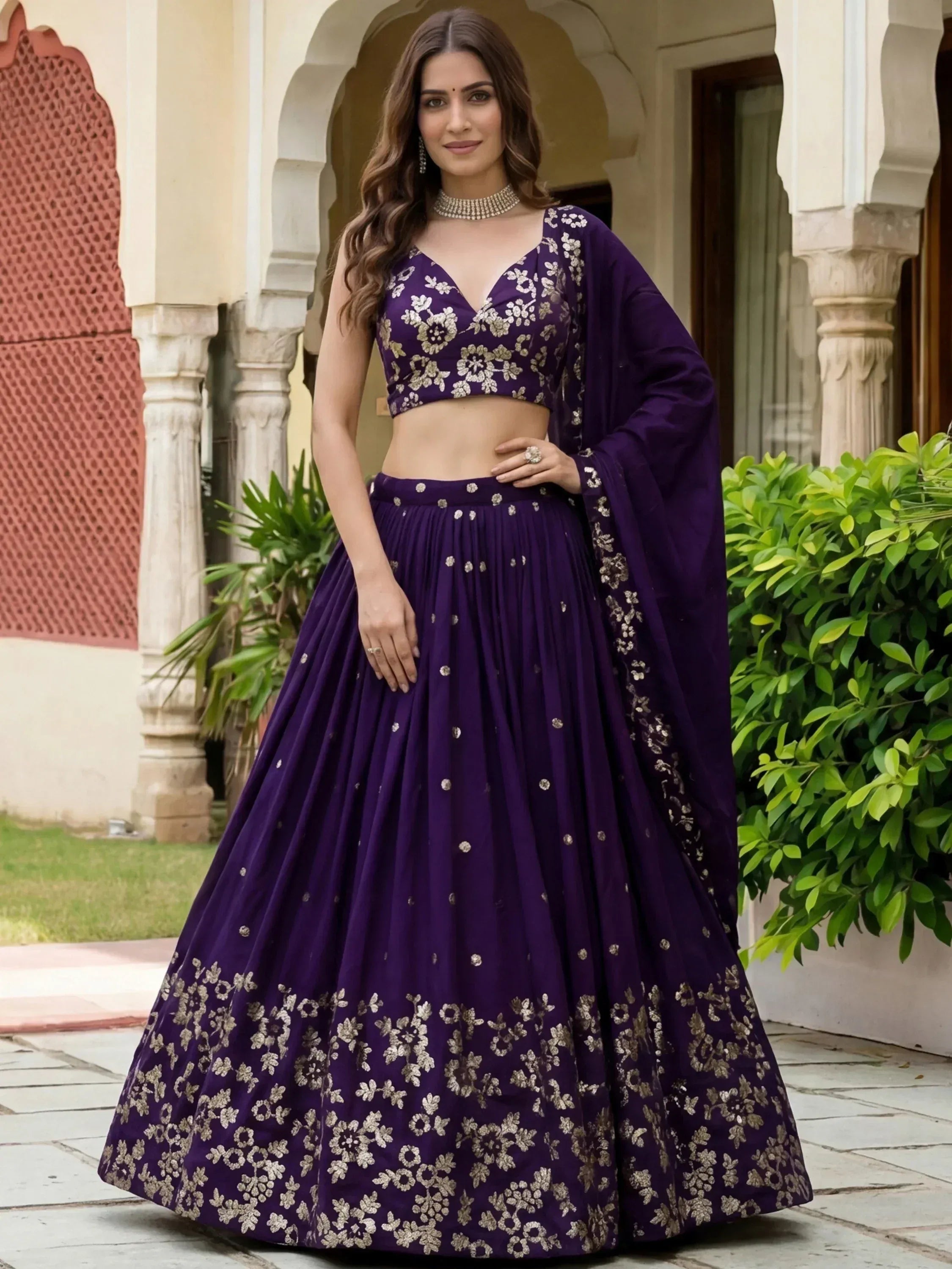 Tulsi Art Outstanding Purple Sequins Georgette Wedding Wear Lehenga Choli | Grocsy