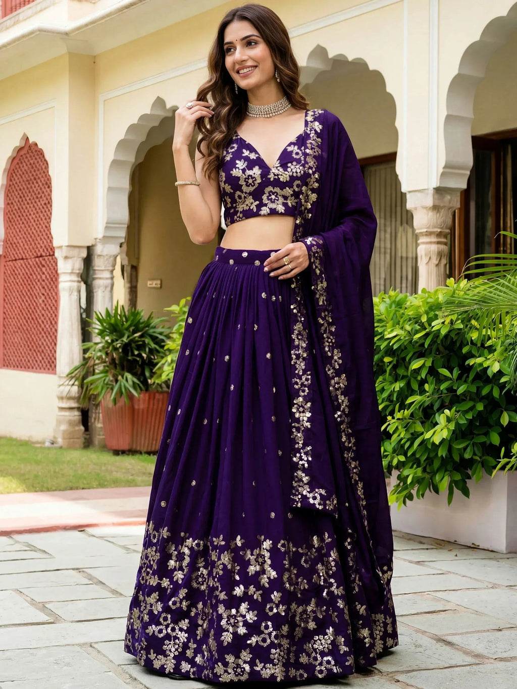 Tulsi Art Outstanding Purple Sequins Georgette Wedding Wear Lehenga Choli | Grocsy