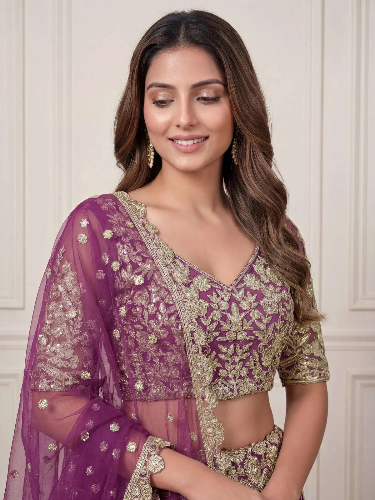 Tulsi Art Charming Purple Embroidered Soft Net Bridesmaid Lehenga Choli | Grocsy