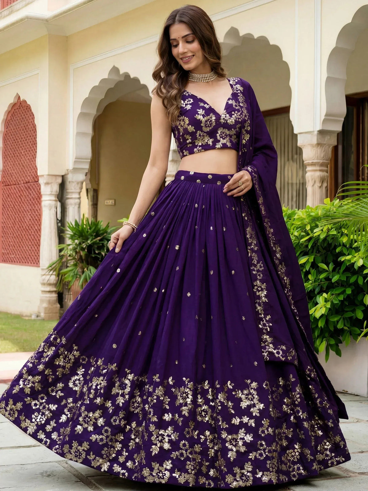 Tulsi Art Outstanding Purple Sequins Georgette Wedding Wear Lehenga Choli | Grocsy
