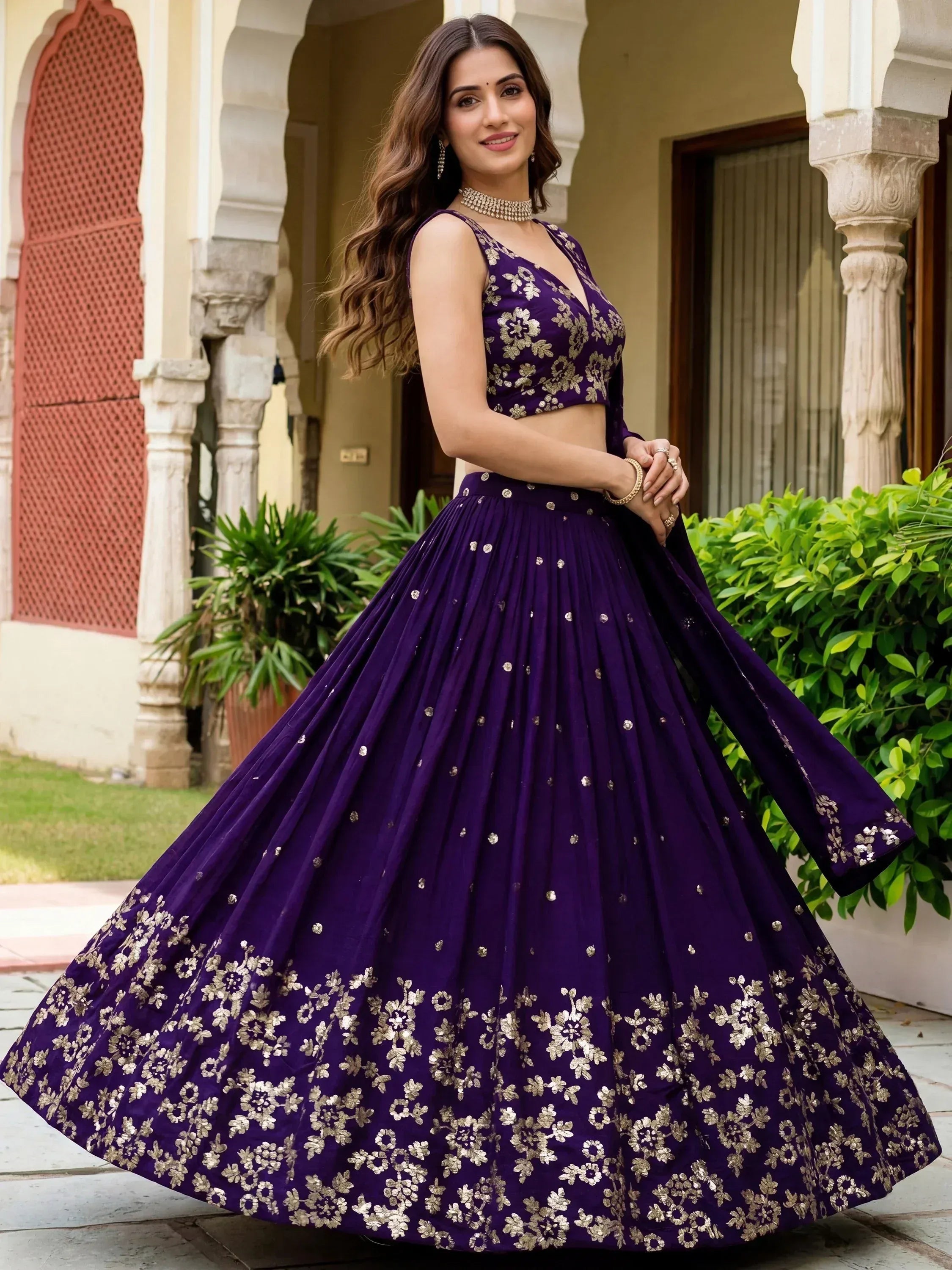 Tulsi Art Outstanding Purple Sequins Georgette Wedding Wear Lehenga Choli | Grocsy