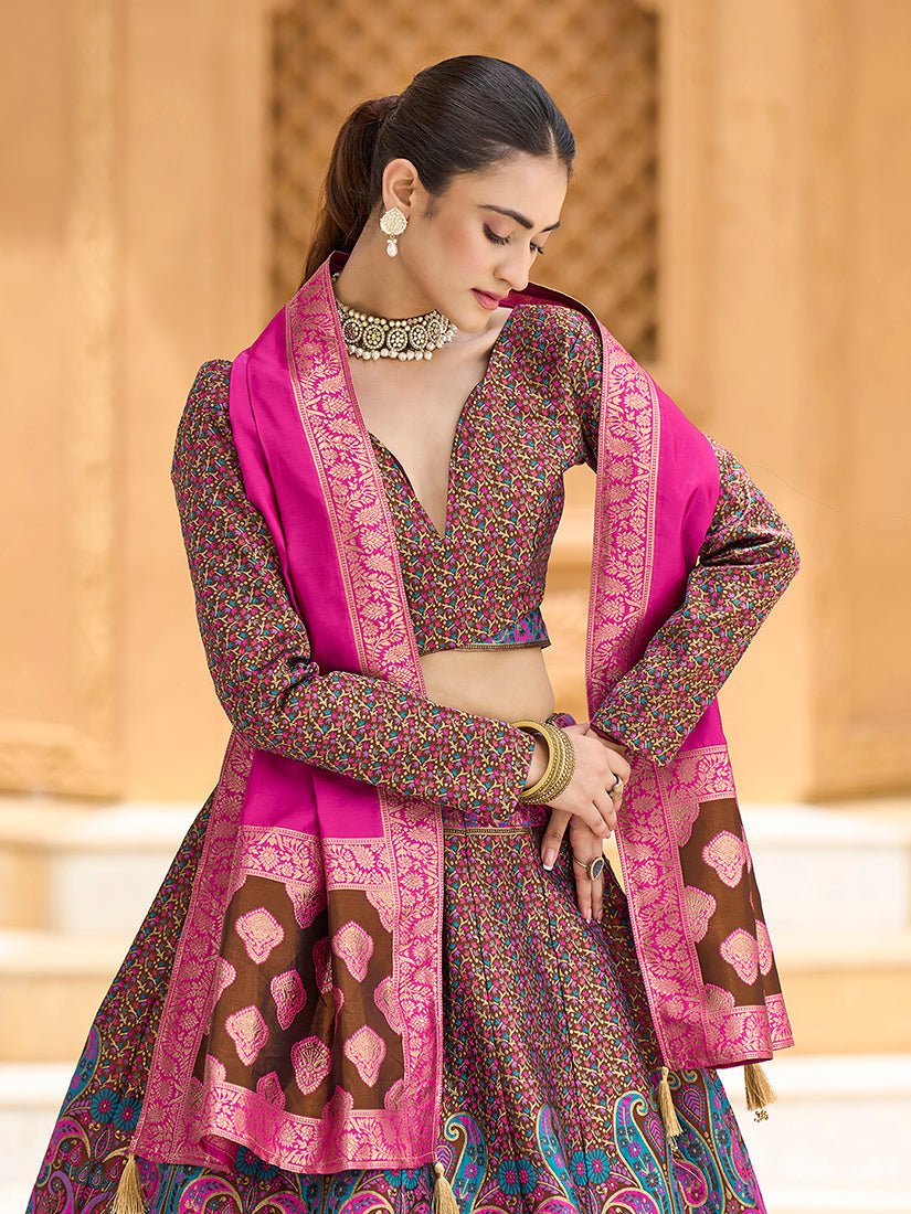 Monjolika Fashion Brown Kanjivaram Jacquard Designer Lehenga Choli For Ceremonial | Grocsy