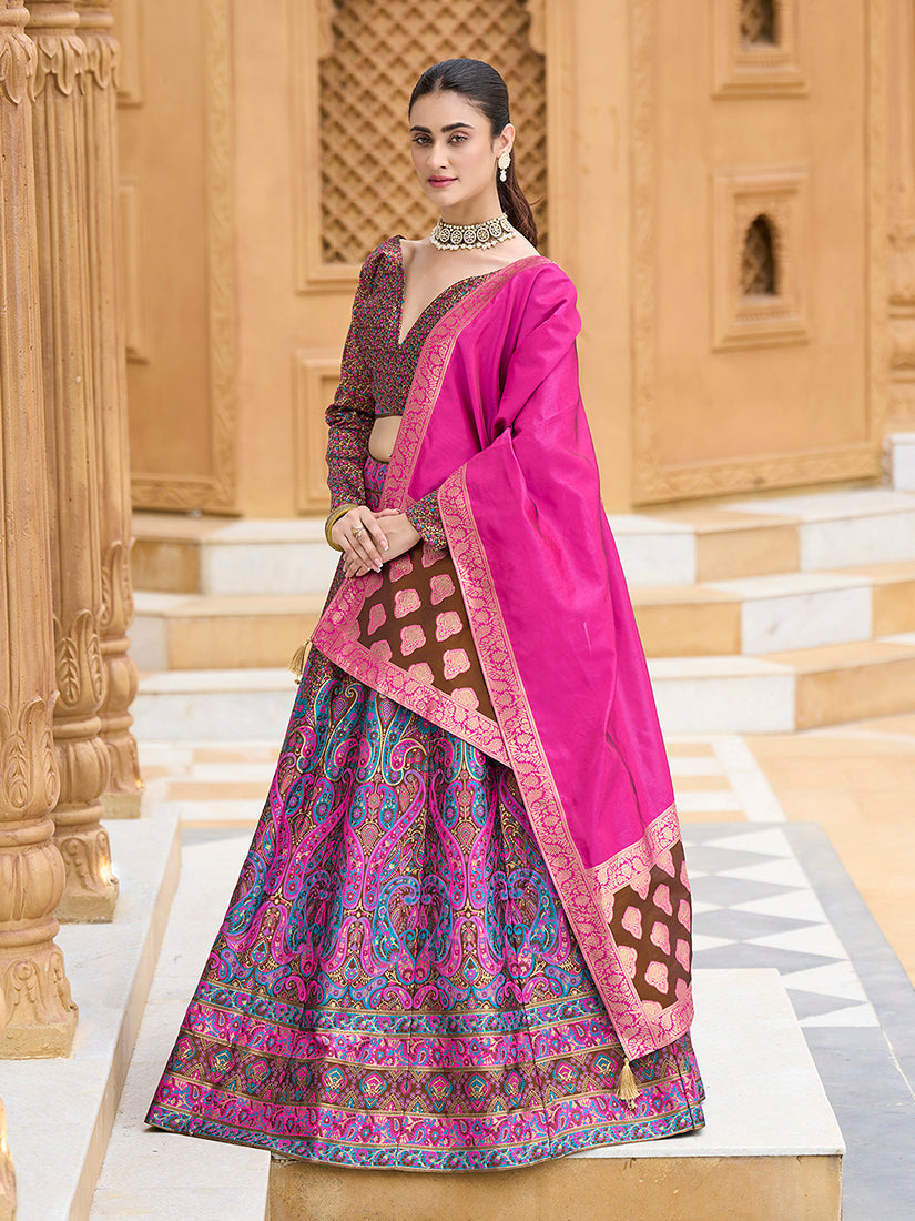 Monjolika Fashion Brown Kanjivaram Jacquard Designer Lehenga Choli For Ceremonial | Grocsy