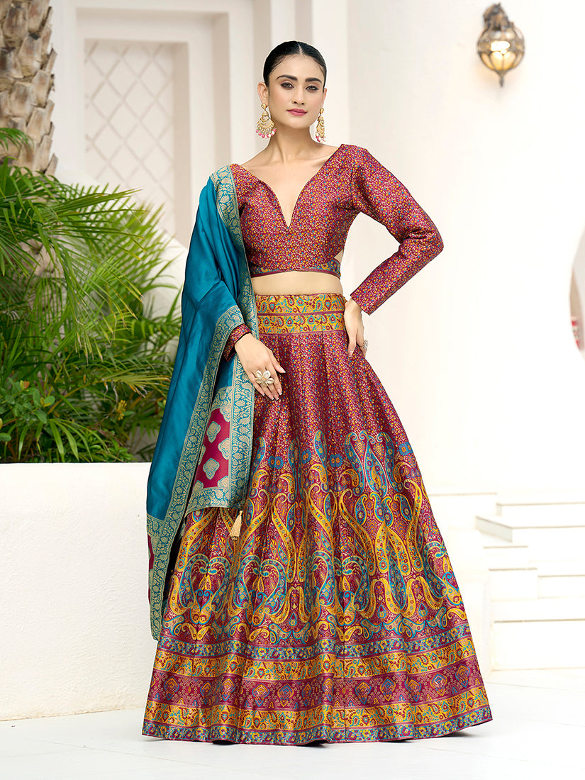 Monjolika Fashion Red Kanjivaram Jacquard Designer Lehenga Choli For Ceremonial | Grocsy
