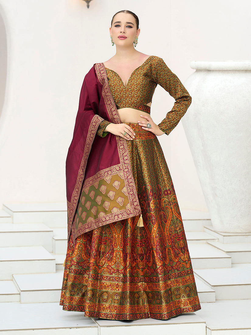 Monjolika Fashion Olive Kanjivaram Jacquard Designer Lehenga Choli For Ceremonial | Grocsy