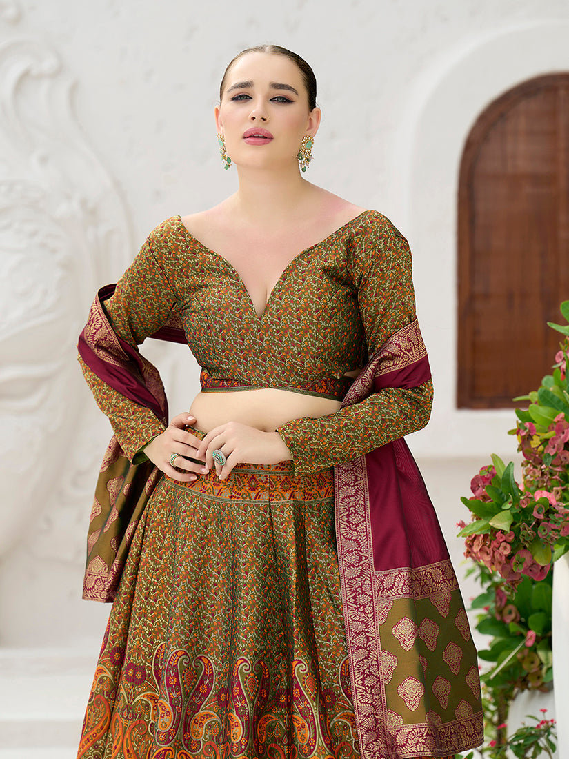 Monjolika Fashion Olive Kanjivaram Jacquard Designer Lehenga Choli For Ceremonial | Grocsy