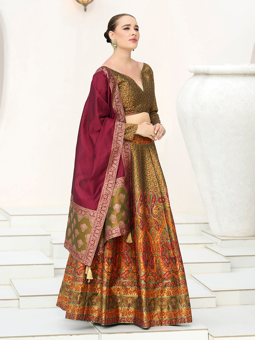 Monjolika Fashion Olive Kanjivaram Jacquard Designer Lehenga Choli For Ceremonial | Grocsy