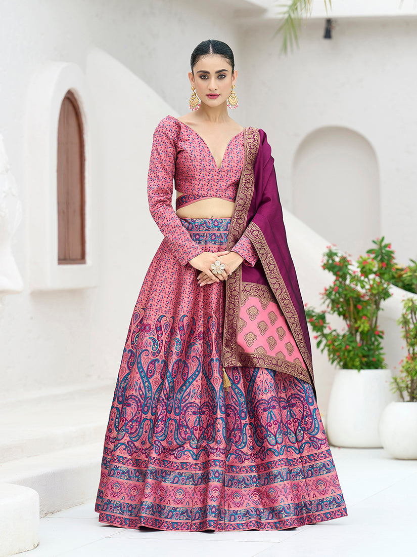 Monjolika Fashion Pink Kanjivaram Jacquard Designer Lehenga Choli For Ceremonial | Grocsy