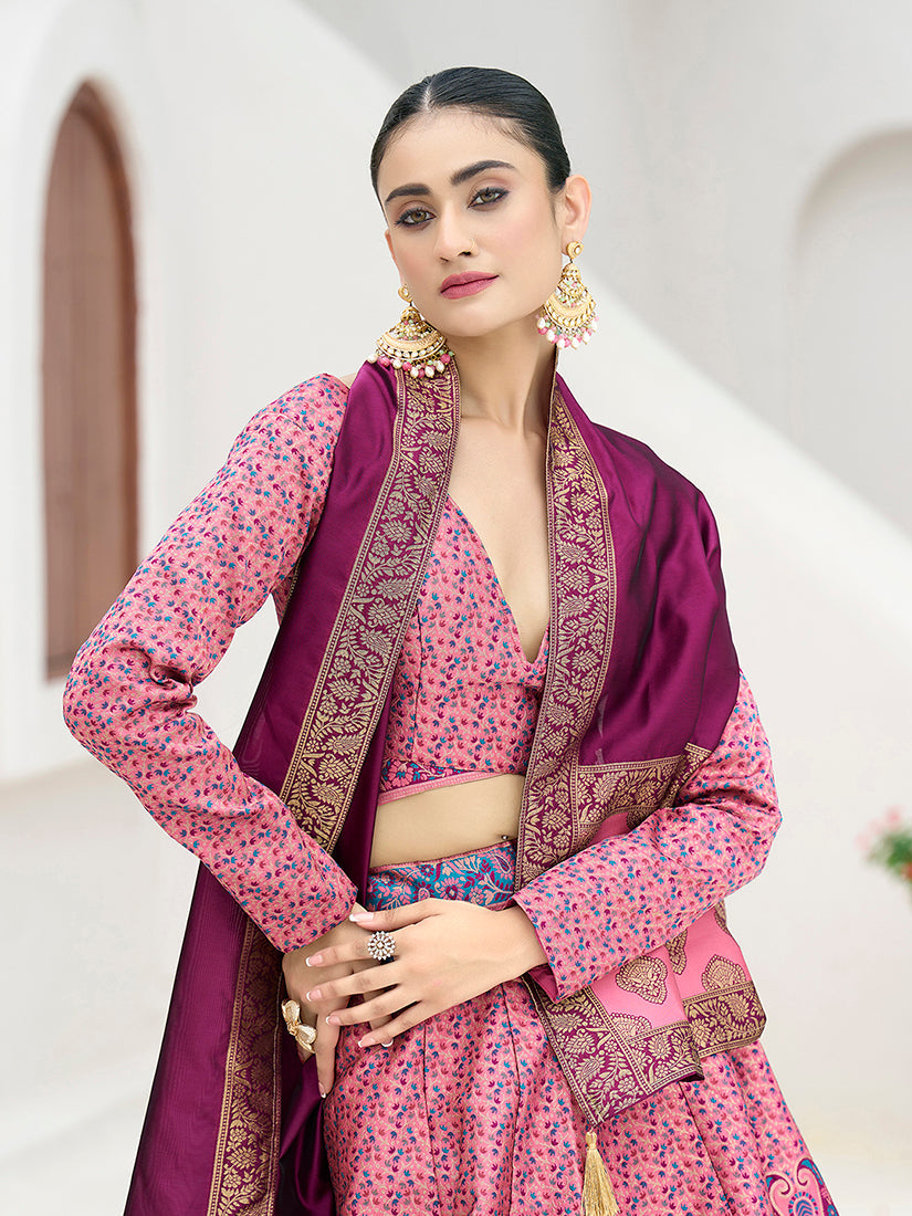 Monjolika Fashion Pink Kanjivaram Jacquard Designer Lehenga Choli For Ceremonial | Grocsy