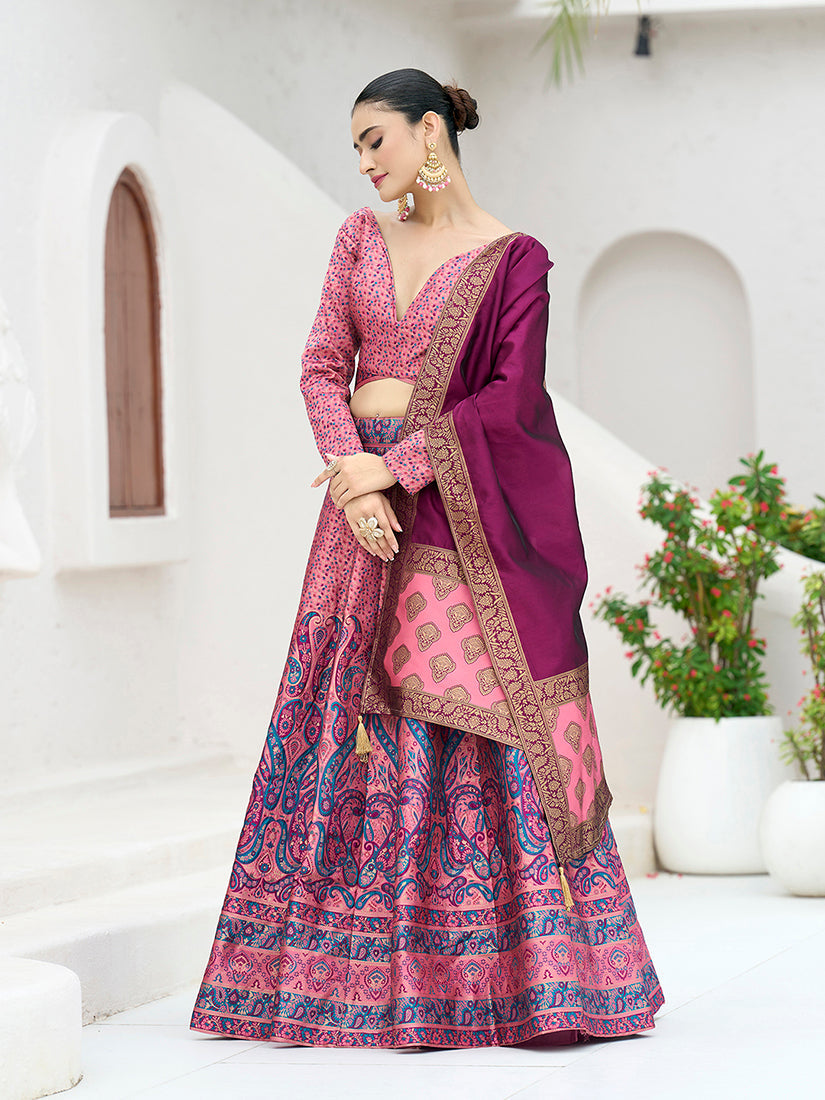 Monjolika Fashion Pink Kanjivaram Jacquard Designer Lehenga Choli For Ceremonial | Grocsy
