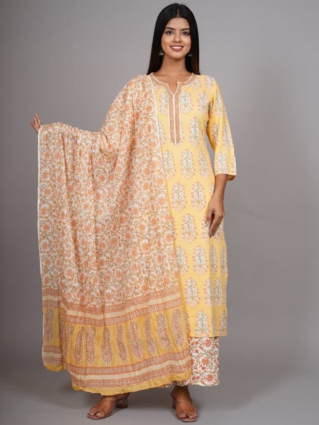 HERE&NOW Women Yellow Floral Printed Thread Work Kurta with Palazzos & With Dupatta | Grocsy
