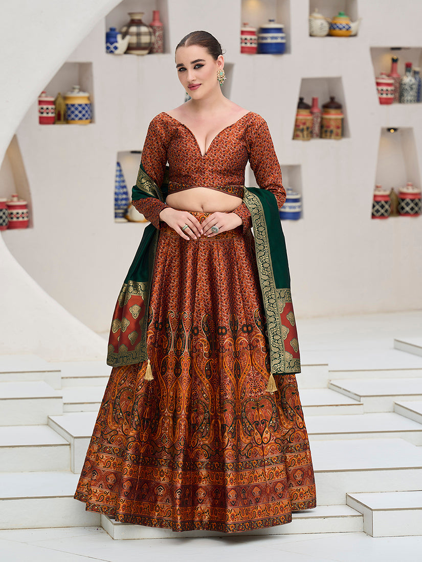 Monjolika Fashion Rust Kanjivaram Jacquard Designer Lehenga Choli For Ceremonial | Grocsy