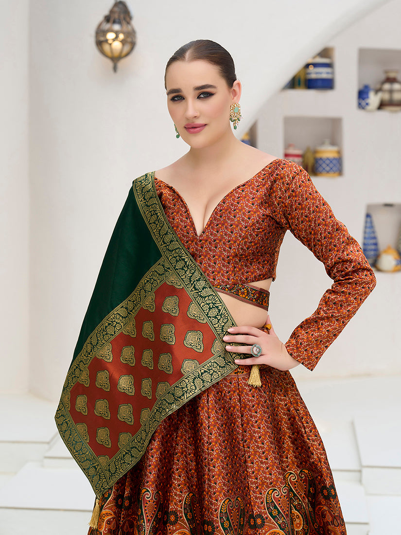 Monjolika Fashion Rust Kanjivaram Jacquard Designer Lehenga Choli For Ceremonial | Grocsy