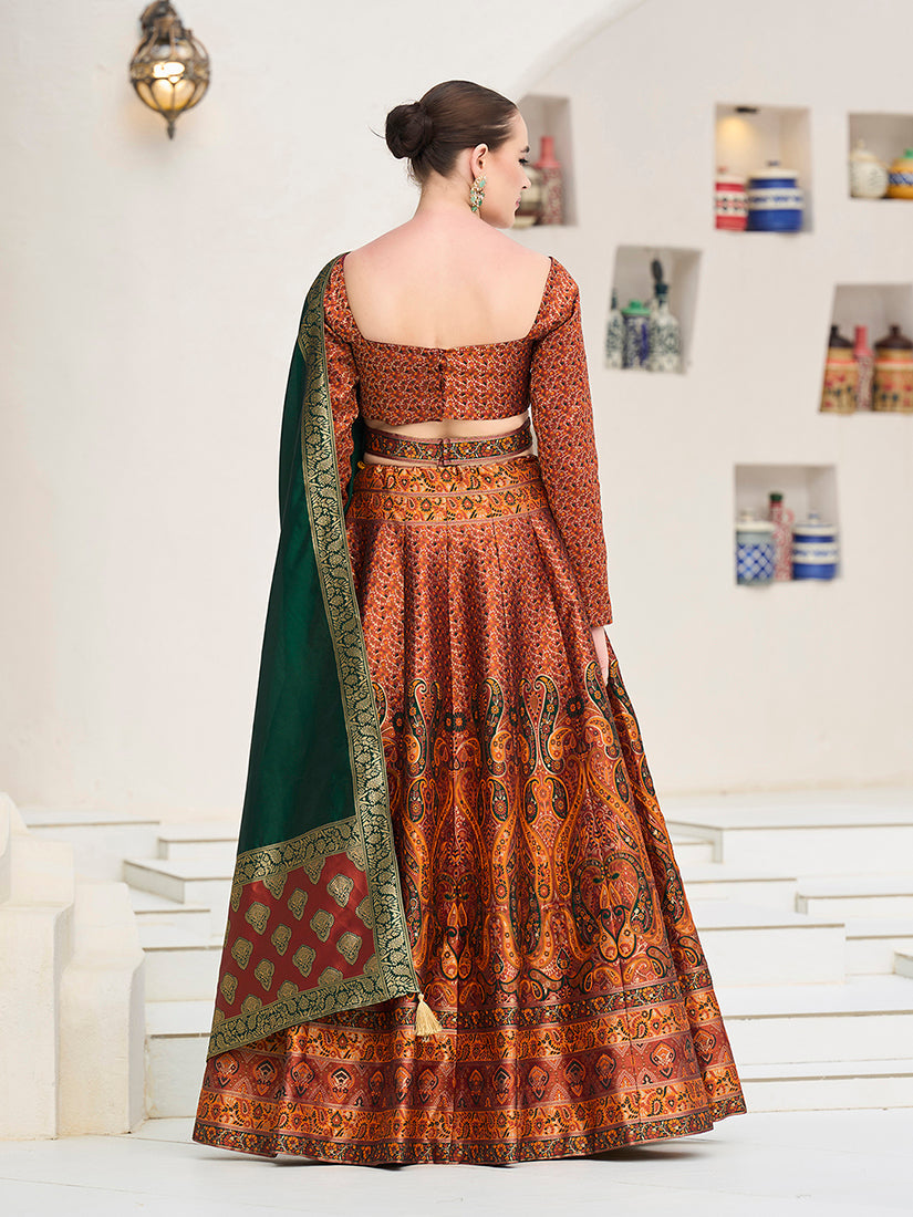 Monjolika Fashion Rust Kanjivaram Jacquard Designer Lehenga Choli For Ceremonial | Grocsy
