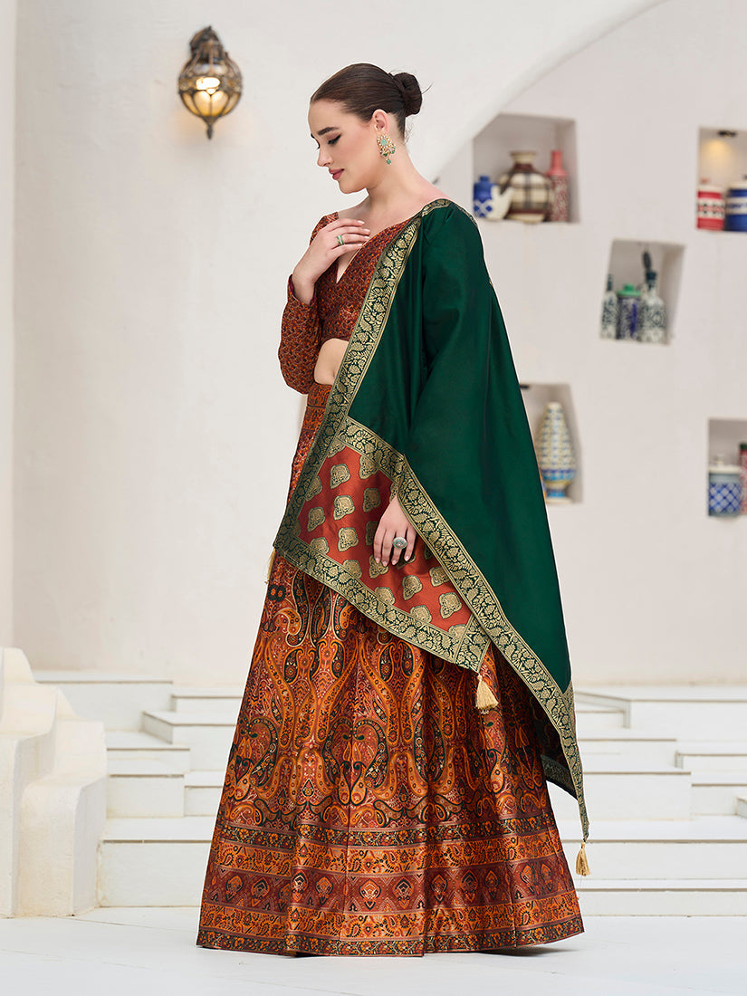 Monjolika Fashion Rust Kanjivaram Jacquard Designer Lehenga Choli For Ceremonial | Grocsy