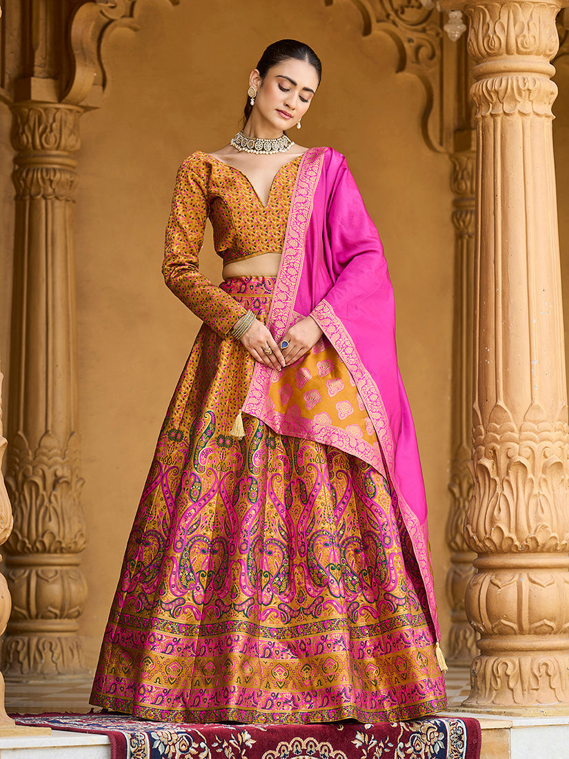 Monjolika Fashion Yellow Kanjivaram Jacquard Designer Lehenga Choli For Ceremonial | Grocsy