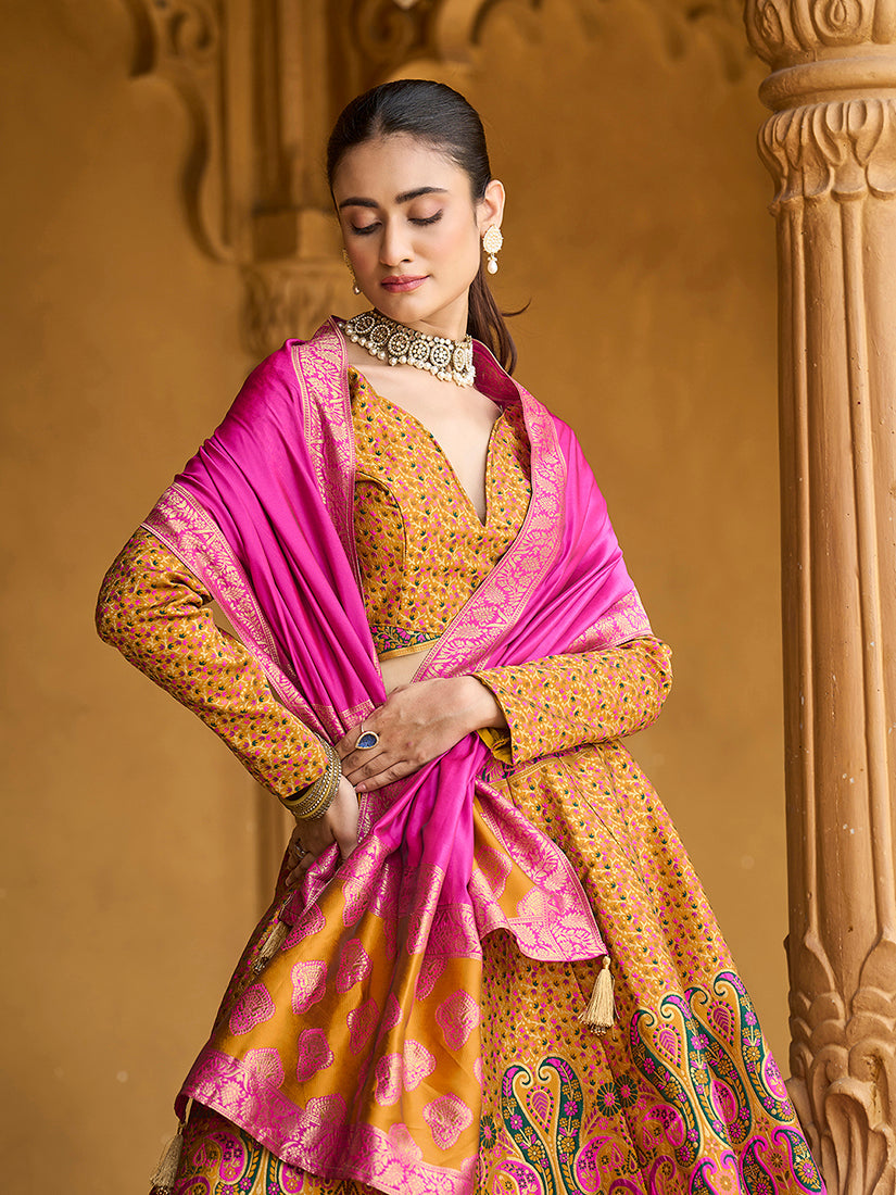 Monjolika Fashion Yellow Kanjivaram Jacquard Designer Lehenga Choli For Ceremonial | Grocsy