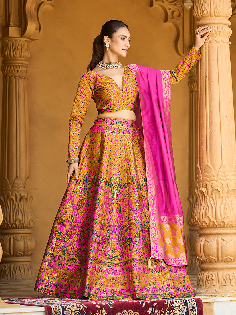 Monjolika Fashion Yellow Kanjivaram Jacquard Designer Lehenga Choli For Ceremonial | Grocsy