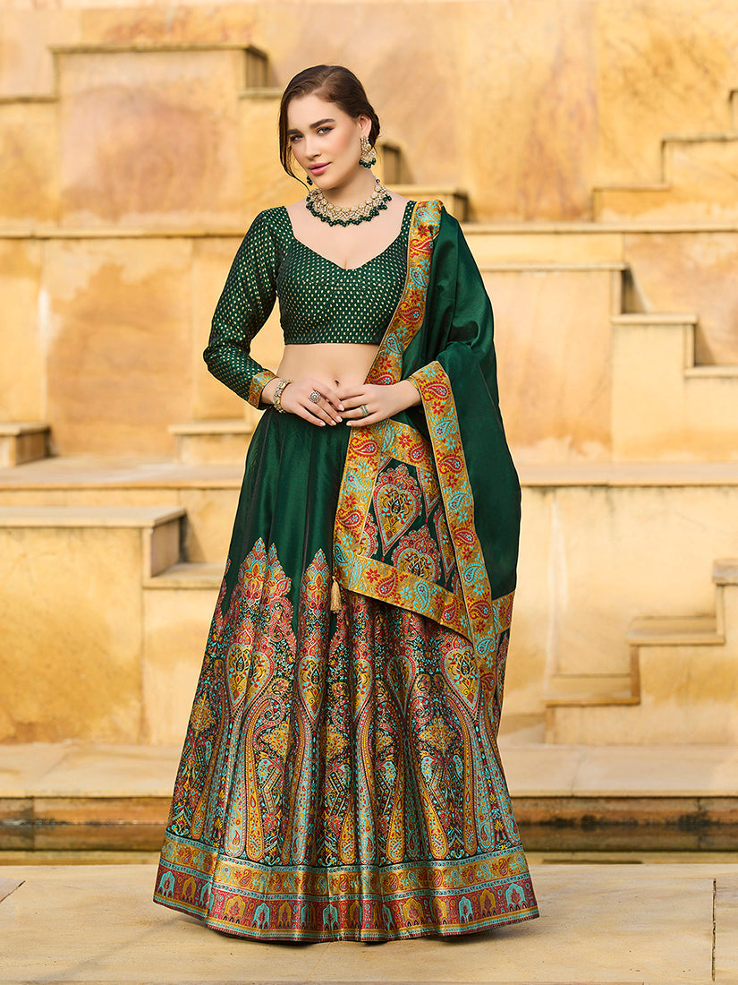 Monjolika Fashion Dark Green Color Jacquard Designer Work Lehenga Choli For Ceremonial | Grocsy