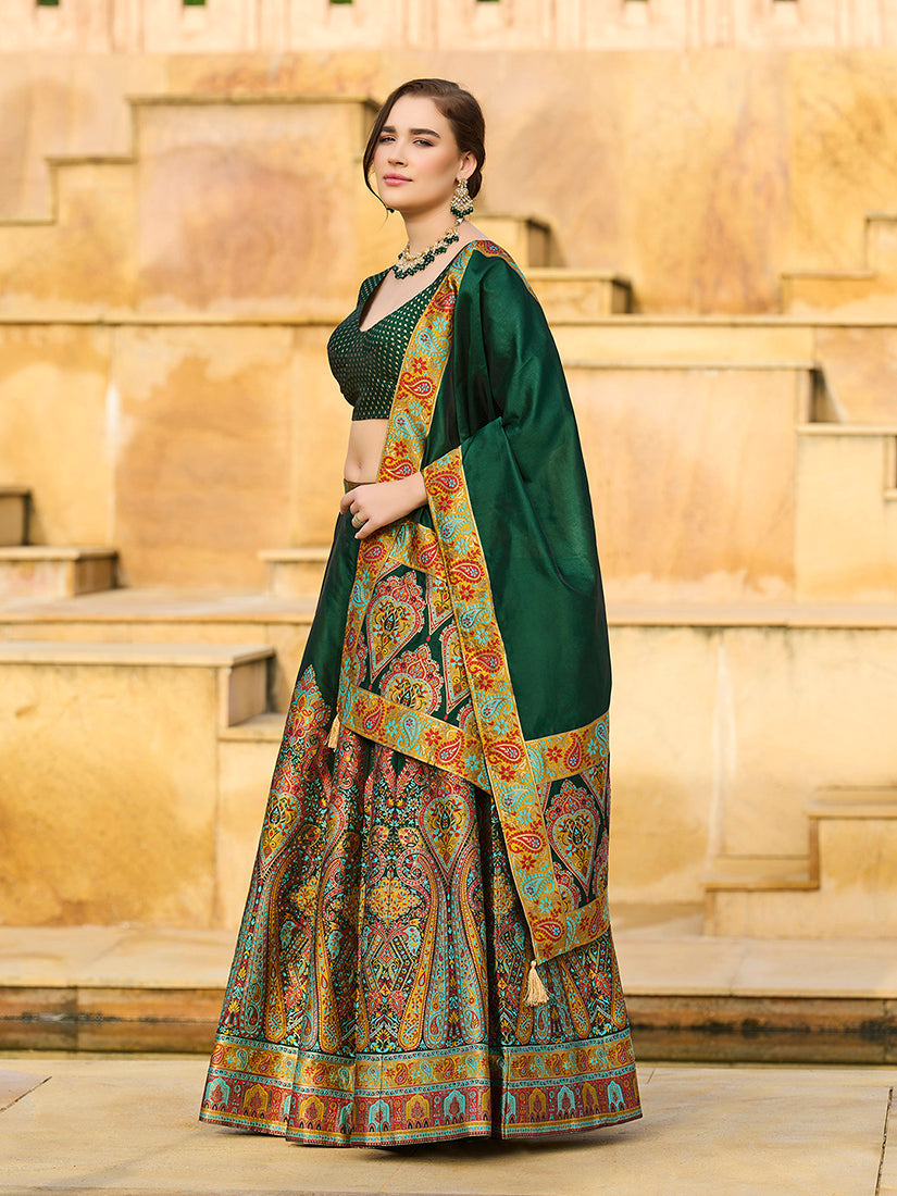 Monjolika Fashion Dark Green Color Jacquard Designer Work Lehenga Choli For Ceremonial | Grocsy