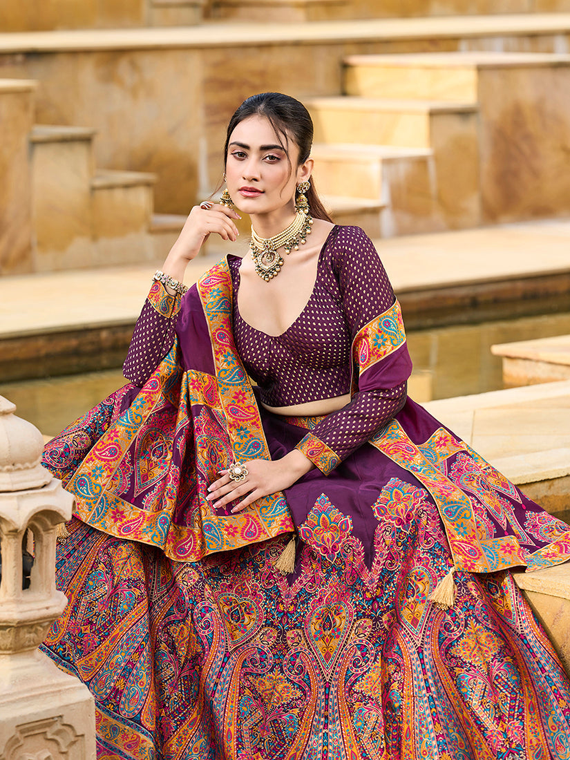 Monjolika Fashion Wine Color Jacquard Designer Work Lehenga Choli For Ceremonial | Grocsy